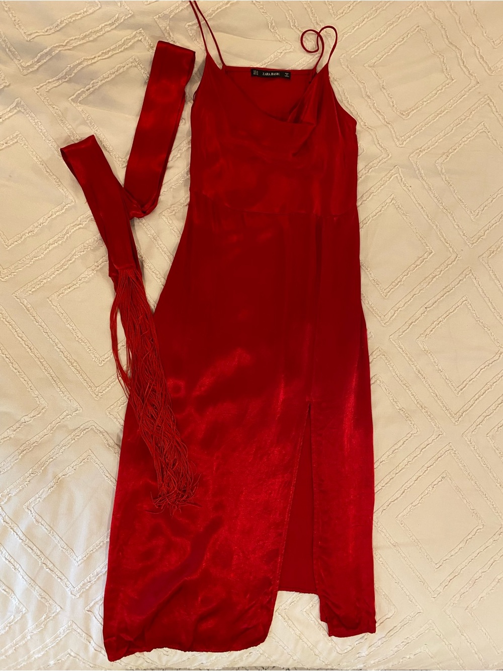 Zara Red Satin Slip Dress with Fringe Sash